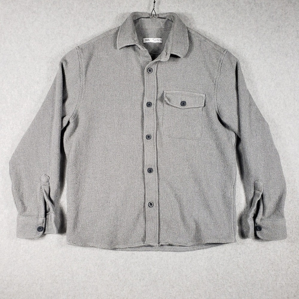 ZARA Mens Grey Herringbone Button Up Shirt Jacket Sz L Made in Turkey Streetwear